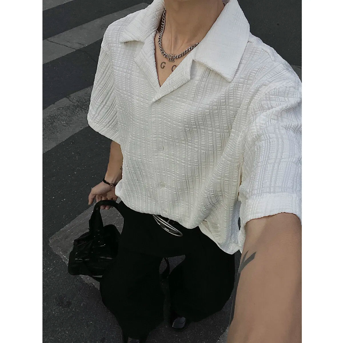 Threebooy Mens Loose Fit Suit Collar Shirt Cool Comfort Advanced Fabric Summer Casual Trendy Breathable Stylish Modern Streetwear Design