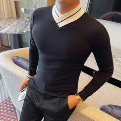 Threebooy  Autumn Winter Men's Mock Neck Long Sleeved T-shirt Slim Fit Elastic Solid Color Base Shirt Versatile Casual Business T-shirts