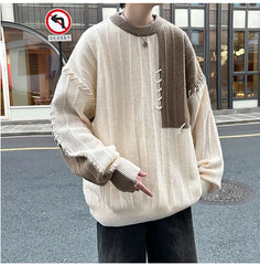 Threebooy Fashion Autumn Winter Men's Oversize Loose Casual Jumpers Male Round Neck Sweater Tops Men Patchwork Knitted Tops S846