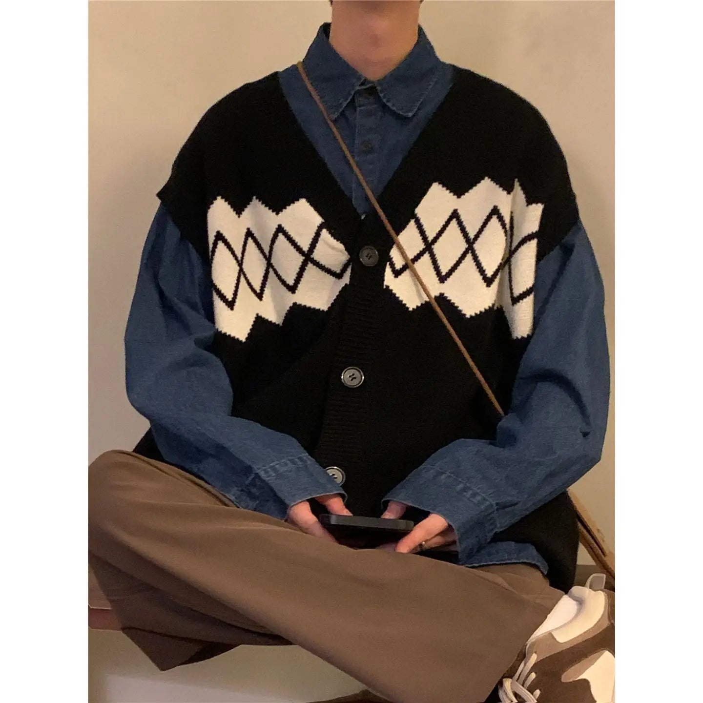 Threebooy Autumn New Preppy Vest American Retro Japan College Knitted Sweater Vest Jacket Men's Cardigan Diamond Embroidery Sweater Chic