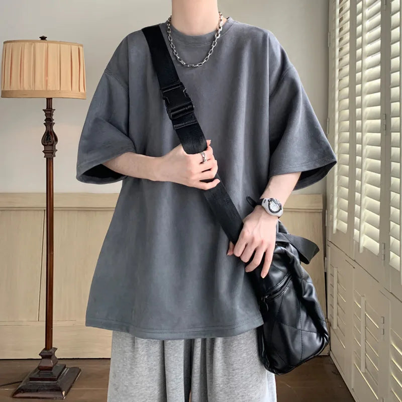 Threebooy  Summer Short Sleeved T-shirt Men Oversized Casual Round Neck T Shirt Men Streetwear Korean Loose Suede T Shirt Mens Top M-3XL