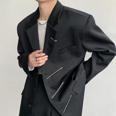 Threebooy Oversized Black Blazer Men High-end Fashion Leisure Suit Jackets Multi-zippers Male Streetwear Casual Korean All-match Suit