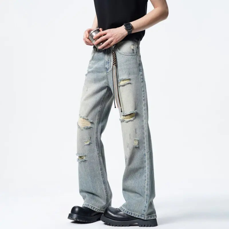 Threebooy Men Straight Leg Vintage Blue Washed Denim Jeans Casual Ripped Distressed Trousers Classic Retro Style Comfortable Streetwear
