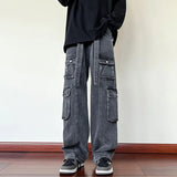 Threebooy New Men Cargo Jeans Wide Leg Pants Multiple Pockets Baggy Denim Trousers Hip Hop Streetwear Skateboard Neutral Male Clothes