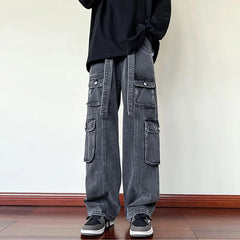 Threebooy 2024 New Men Cargo Jeans Wide Leg Pants Multiple Pockets Baggy Denim Trousers Hip Hop Streetwear Skateboard Neutral Male Clothes