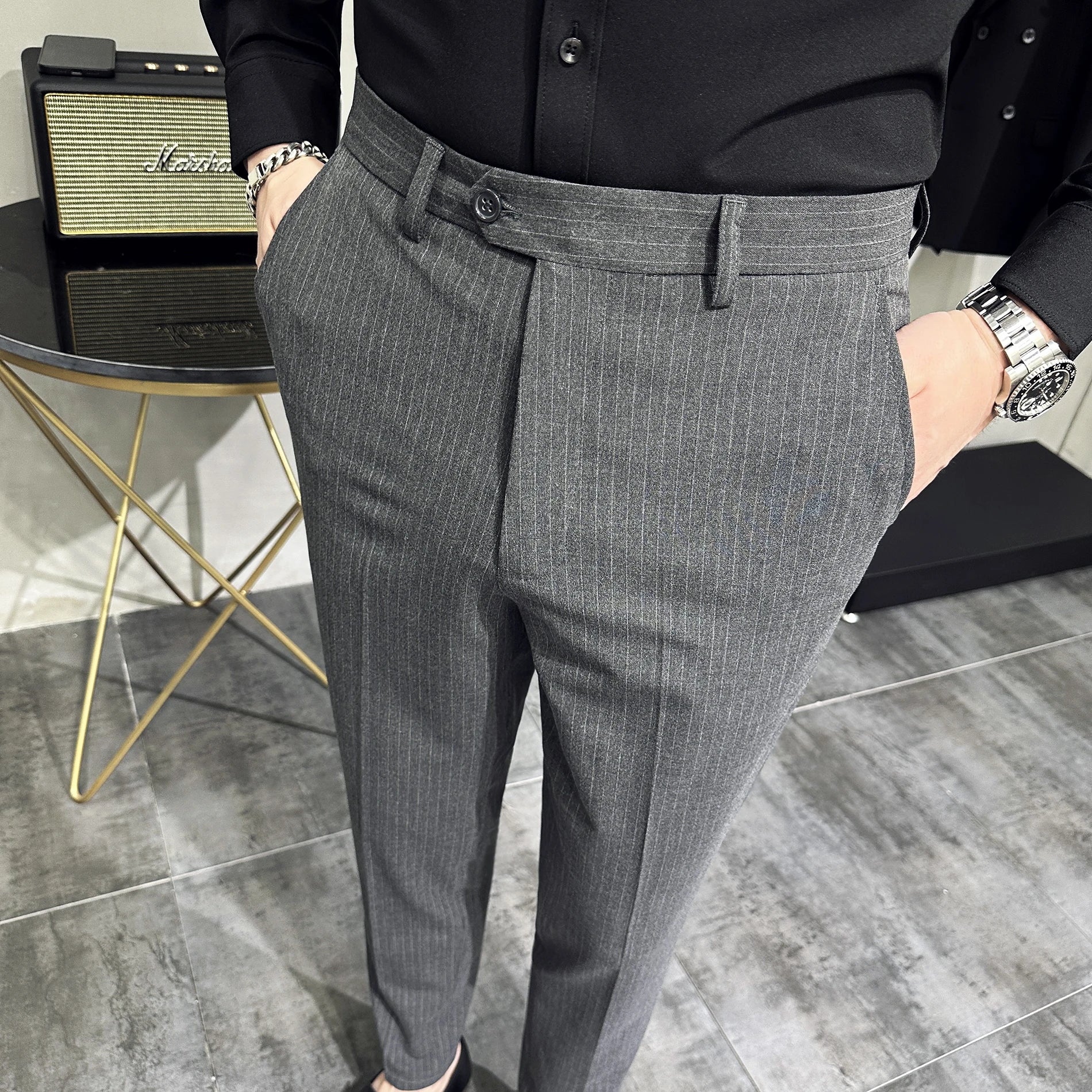 Threebooy Korean style Fashion Striped Suit Pants for Men Formal Business Dress Pants Korean Slim Fit Classic Casual Trousers 36 38