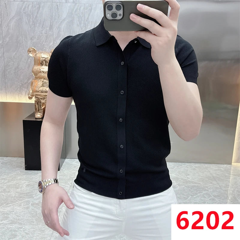 Threebooy  Summer Polo Neck Ice Silk Short Sleeved T-shirt Men's Slim Fit Knitted Shirt Casual Business Tshirts Social Streetwear Tee