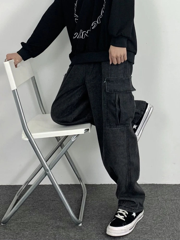 Threebooy Dark Straight Jeans Men's Korean Autumn Winter Kpop Vintage Black Denim Pants Women Popular Washed Loose Cargo Trousers