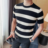 Threebooy Summer Short Sleeve Stripe T-Shirt Men Fashion Hollow Out Plaid Knitted Casual T-shirt Breathable Round Neck Tee Top Streetwear