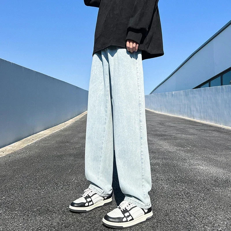 Threebooy  Men's Jeans Spring Autumn Extend Straight Vintage Blue Casual Baggy Jeans Korean Trousers Classic Wide Leg Fashion Denim Pants