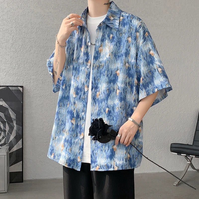 Threebooy Men Ice Silk Smooth Shirt Spring Summer Thin Luxury Loose Korean Casual Shirt Beach Trendy Floral Draping Shirts Plus Size 5XL-M