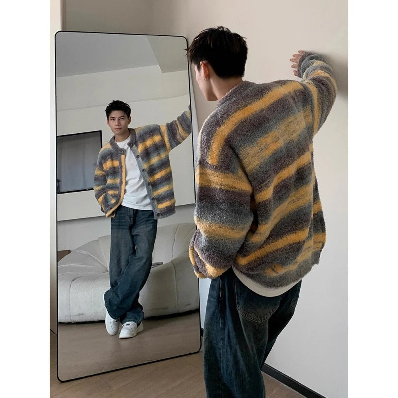 Threebooy 90s Streetwear American Striped Patchwork Knitted Cardigan Sweater Men's Autumn Winter Loose Long Sleeved Jacket Top