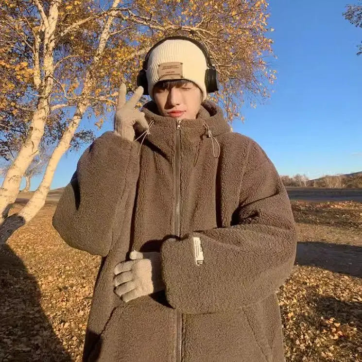Threebooy Korean Style Polar Fleece Thickened Hooded Lamb Wool Jacket American Fashion Winter Men's Warm Large Size Cotton Coat Aesthetic