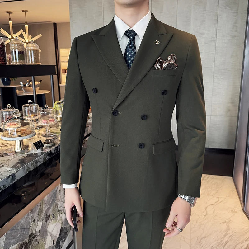 Threebooy  Brown Double-Breasted Men's Casual Suit Three-Piece Set Wedding Dress New Style for Groomsmen And Special Occasions