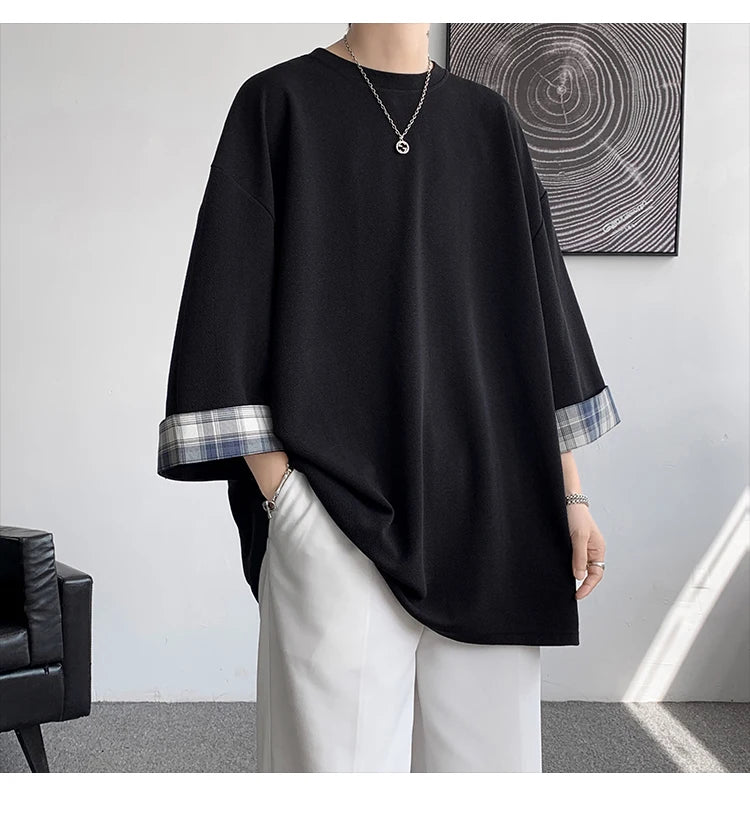 Threebooy men t shirts Loose Summer Men's T-shirts Women Oversized Korean Style Plaid T-shirt Casual Seven sleeves T-Shirt Male White