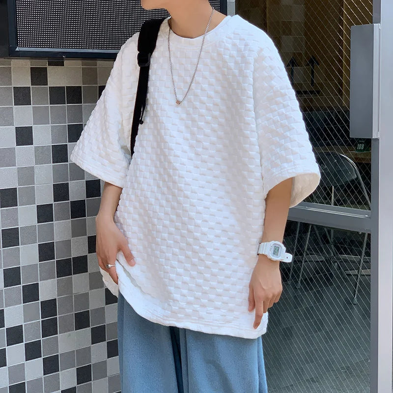 Threebooy Hong Kong Style Fashionable High-end Short-sleeved Versatile Half-sleeved Oversize Solid Color Simple Waffle Trendy Loose Top