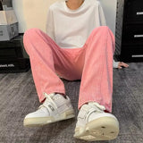 Threebooy 2024 Men's Jeans Pants Hip Hop Streetwear Casual Classic Style Pink Straight Denim Trousers S-3XL