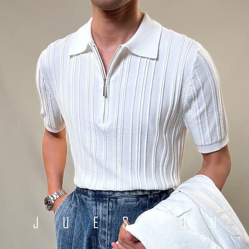 Threebooy Zipper Knitted Short-sleeved Polo Shirt Men Summer American Retro Commuting Loose Vertical Striped Pit Strip Lapel T-shirt Men