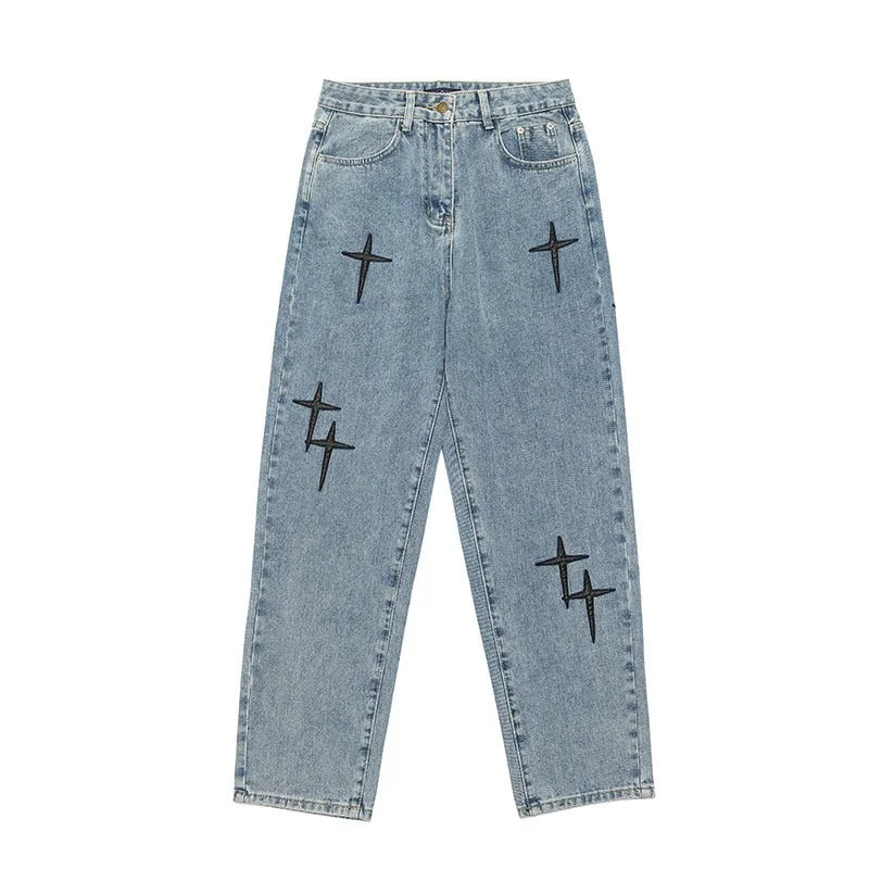 Threebooy  Prints Jeans Men New Streetwear Baggy Wide Leg Jeans Korean Fashion Drapes Straight Casual Loose Denim Cargo Pants