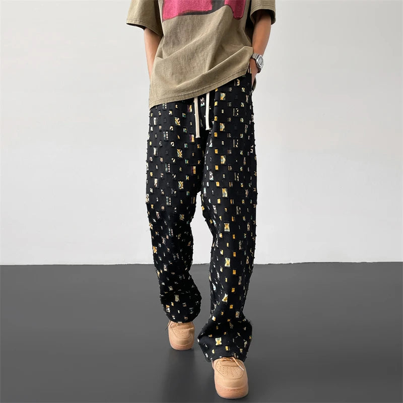 Threebooy  Cotton Casual Pants Men Fashion Retro Colored Plaid Pants Men Streetwear Hip-hop Loose Hollow Out Pants Mens Hole Trousers M-3XL