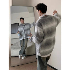 Threebooy 90s Streetwear American Striped Patchwork Knitted Cardigan Sweater Men's Autumn Winter Loose Long Sleeved Jacket Top