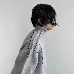 Threebooy  Fashionable Contrast Color Embellishment High Collar Sweater For Men Spring Autumn New Niche Design Lazy High-End Sweater