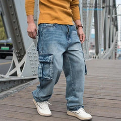 Threebooy Fashion Cargo Pants Men Casual Jeans Hiphop Trousers Straight Loose Baggy Streetwear Denm Large Size Retro Distressed Pocket