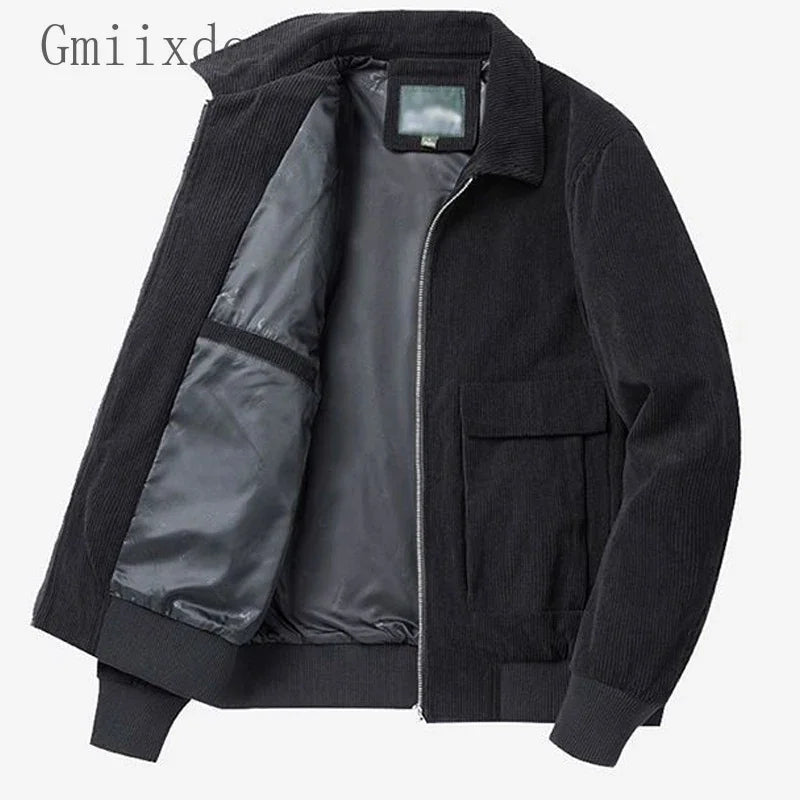 Threebooy Autumn Winter Male Corduroy Jacket Casual Stripe Lapel Safari Jackets Versatile Men's Clothing Trend Elegant Loose Coat