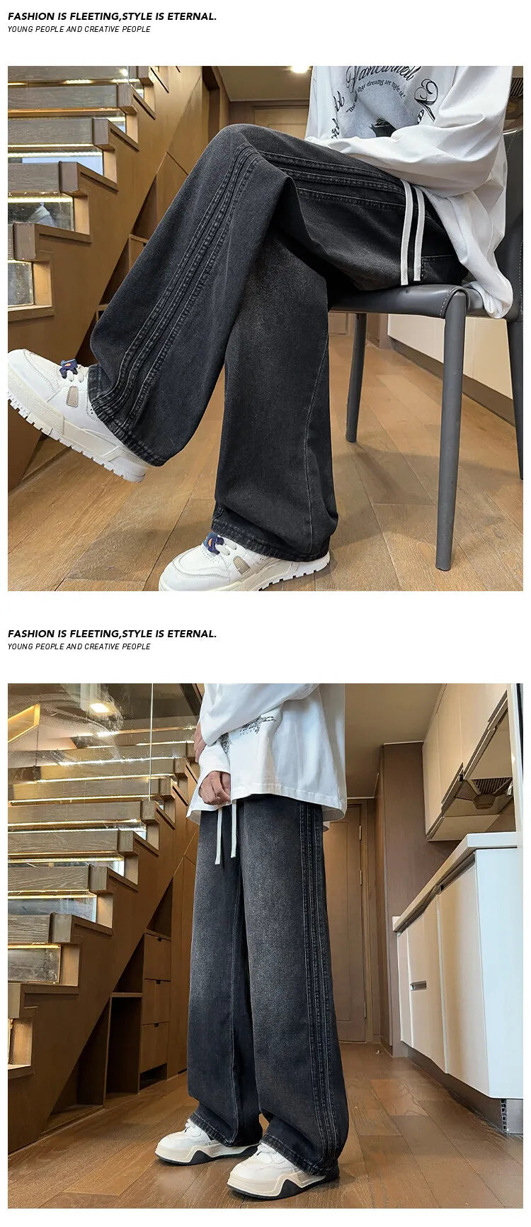 Threebooy Jeans Men Denim Pants Elastic waist pull rope Straight Droop Vintage Loose Bottom Straight Wide Leg Casual Male Trouser