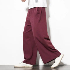 Threebooy   Men Spring and Summer Loose Cotton Linen Wide-leg Sports Harlen Straight Casual Pants