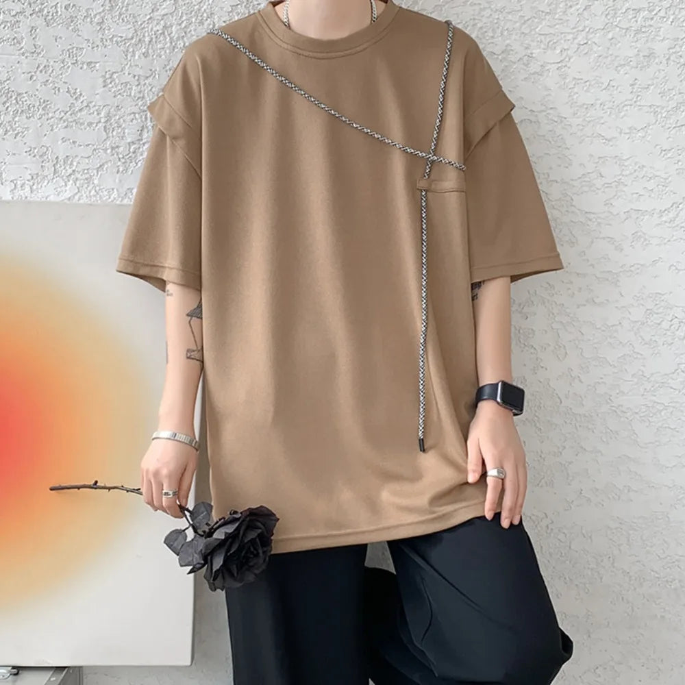 Threebooy Hip Hop T-shirts Men Simple Popular Korean Style Bandage Design Loose Individual Chic Comfortable Patchwork Students Summer Tees