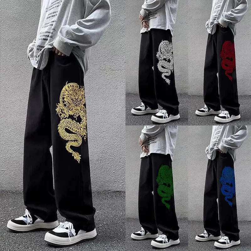 Threebooy Y2k High Street New Style Dragon Pattern Embroidery Baggy Jeans Retro Hip Hop Casual High Waisted Jeans Men and Women Streetwear