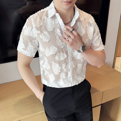Threebooy  Summer New Lace Hollow Short Sleeve Shirt Ice Silk Fashion Leisure Nightclub Shirt High Quality Sunscreen Shirt Size 4XL-M