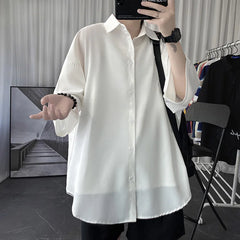 Threebooy Told Tale Oversized Men's Shirts Black/White Harajuku Men Seven Sleeves Casual Shirt Tops Summer Daily Streetwear Man Blouse