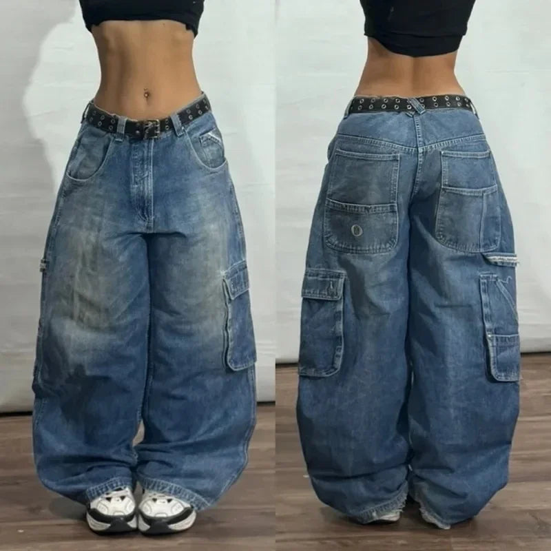 Threebooy Y2K Fashion New Letters Embroidered Washed Baggy Jean Women Gothic Harajuku Vintage Hip Hop Pop Casual High Waist Wide Leg Pants