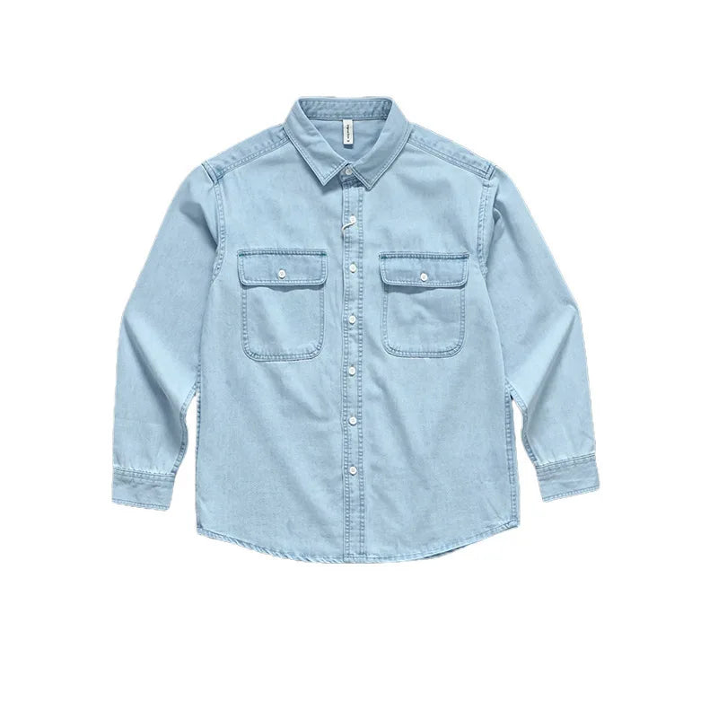 Threebooy  Spring And Autumn Men's Denim Long Sleeved Shirt With Double Pockets American Work Style Loose Fitting Washed Denim Shirt Jacket