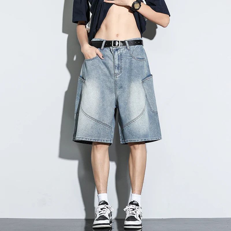Threebooy  Summer New Baggy Denim Shorts Fashion Casual Straight Harajuku Jeans Male Vintage Wash Drawstring Short Pants Streetwear