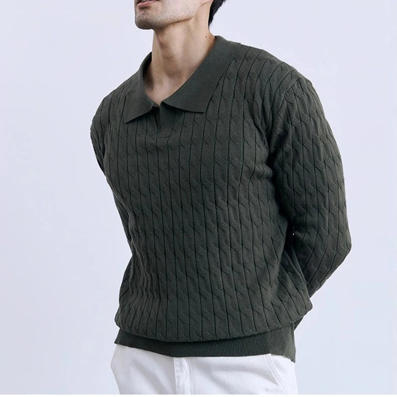 Threebooy  New American Fashion Jacquarded Men Polo Sweater Light Luxury V Neck Knit Solid Color Long-sleeved Tops Premium Quality Knitwear