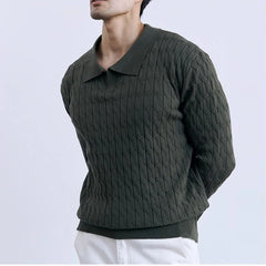 Threebooy  New American Fashion Jacquarded Men Polo Sweater Light Luxury V Neck Knit Solid Color Long-sleeved Tops Premium Quality Knitwear