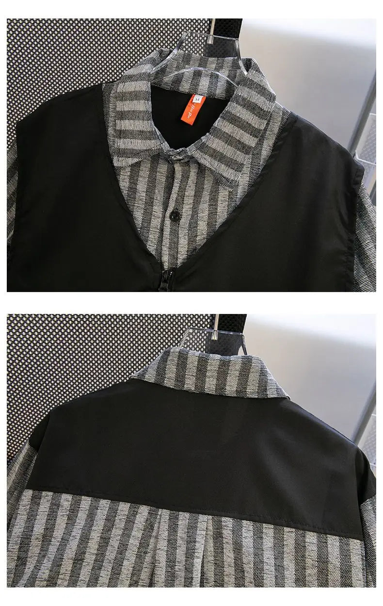 Threebooy Japanese Spring/Autumn Retro Stripe Fake Two Piece Splicing workwear Shirt for Men and Women Loose Couple Retro Casual Top y2k