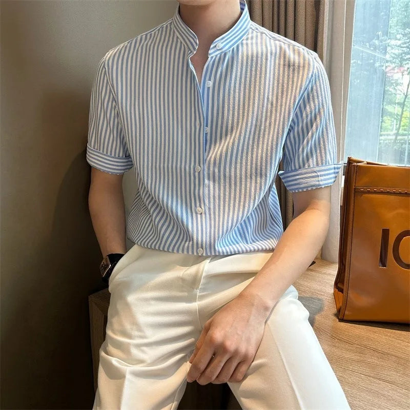 Threebooy  New Fashion Striped Stand Collar Men Shirts Luxury Casual Textured Half Sleeve Cardigan Tops Summer Business Slim-fit Blouse