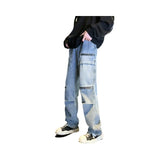 Threebooy American Vibe Pants Trendy High Street Zipper Pocket Work Clothes Jeans Men'S High-End Slim Straight Leg Pants