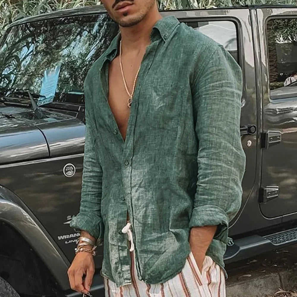 Threebooy  Men's Long Sleeve Shirt Spring Summer Lightweight Beach Shirts Turn-down Collar Simple Basic Style Single Breasted Top