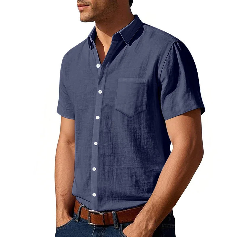 Threebooy Summer Solid Cotton Linen Lapel Short Sleeved Shirt For Men Casual Pocket American Style Shirts And Blouses