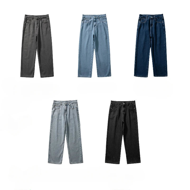 Threebooy New Korean Fashion Men's Casual Baggy Long Jeans Classic Man Straight Denim Wide-leg Pants Solid Color