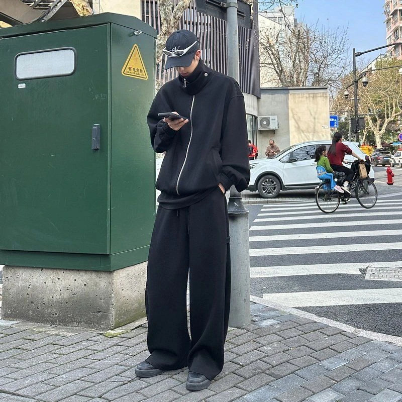 Threebooy  2025SS American Men Loose Cardigan Sweatshirt Wide-leg Trousers Casual Sports Suit Autumn Hip Hop Streetwear Tracksuit