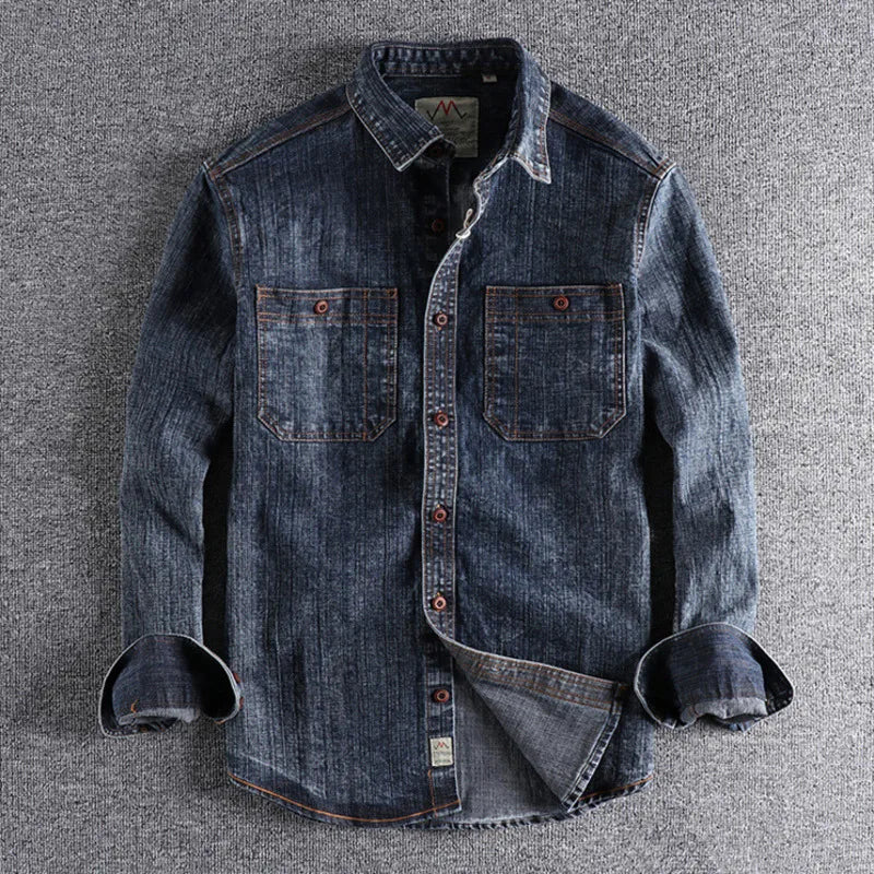 Threebooy  Retro Male Cargo Snowflake Washed Distressed Denim Shirt Chunky Rough Cotton Uniform Light Casual Work Safari Mens Shirts Top
