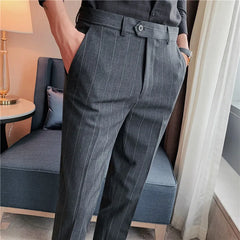 Threebooy Classic Stripe Men Dress Pants Formal Business Office Social Suit Pants High Quality Streetwear Casual Pencil Trousers Costume