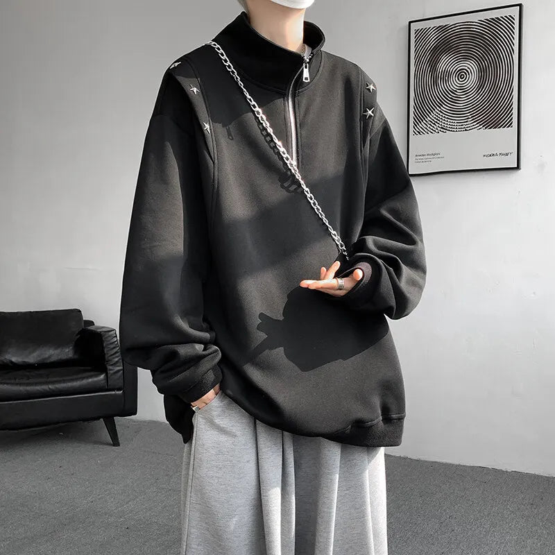 Threebooy  Men hoodie  Stand Collar Half Zip Sweatshirt Star Shoulder Design New Fashion Casual Streetwear Comfort Athletic Pullover