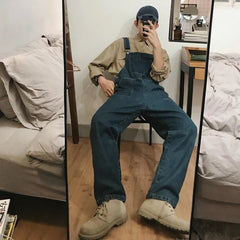 Threebooy Denim Jumpsuits Male Solid Basic Overalls High Street Man New Hot Sale Blue Vintage Fashion Man Casual Loose Wild Jumpsuit